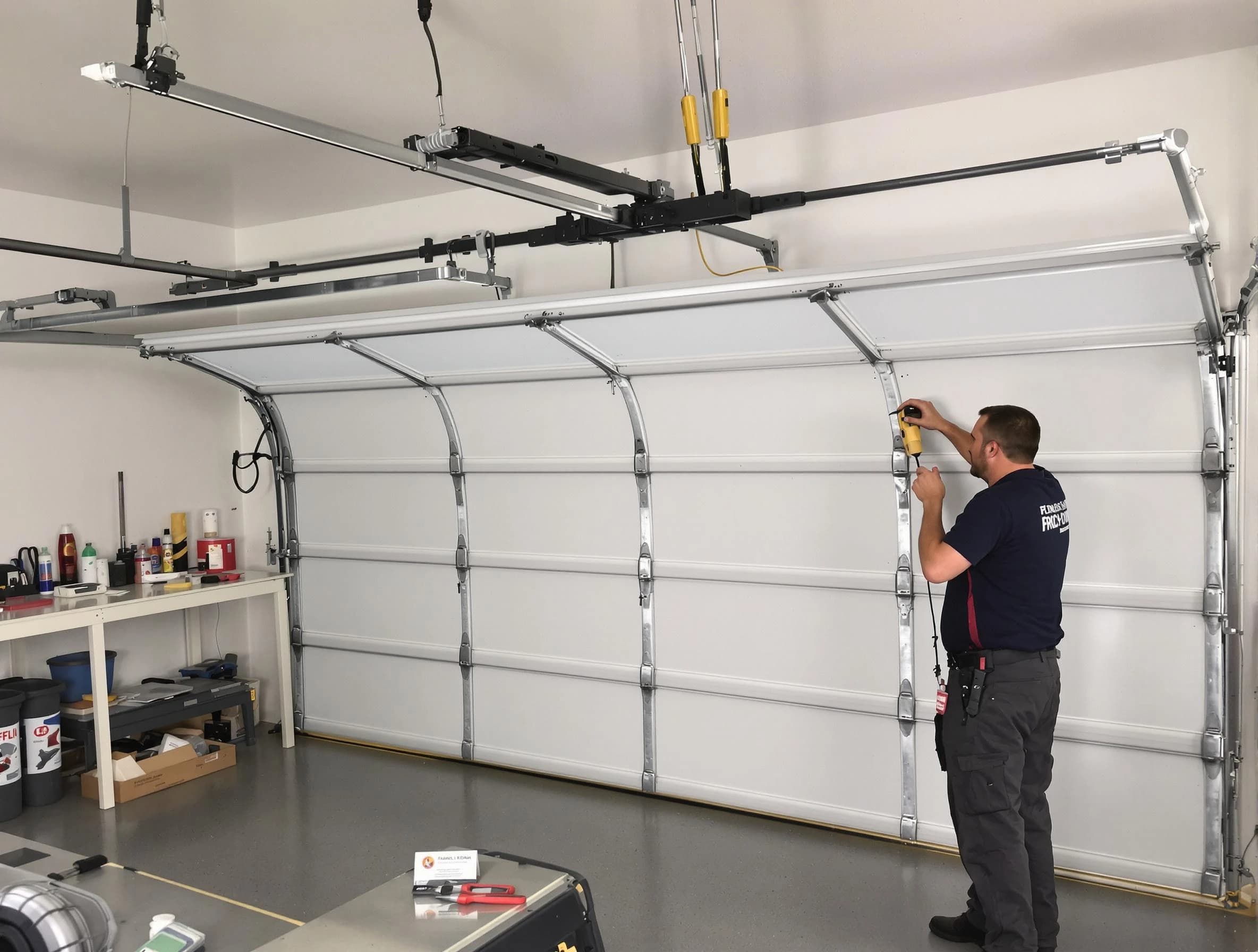 Bosque Farms Garage Door Repair certified technician performing overhead door system repair in Bosque Farms
