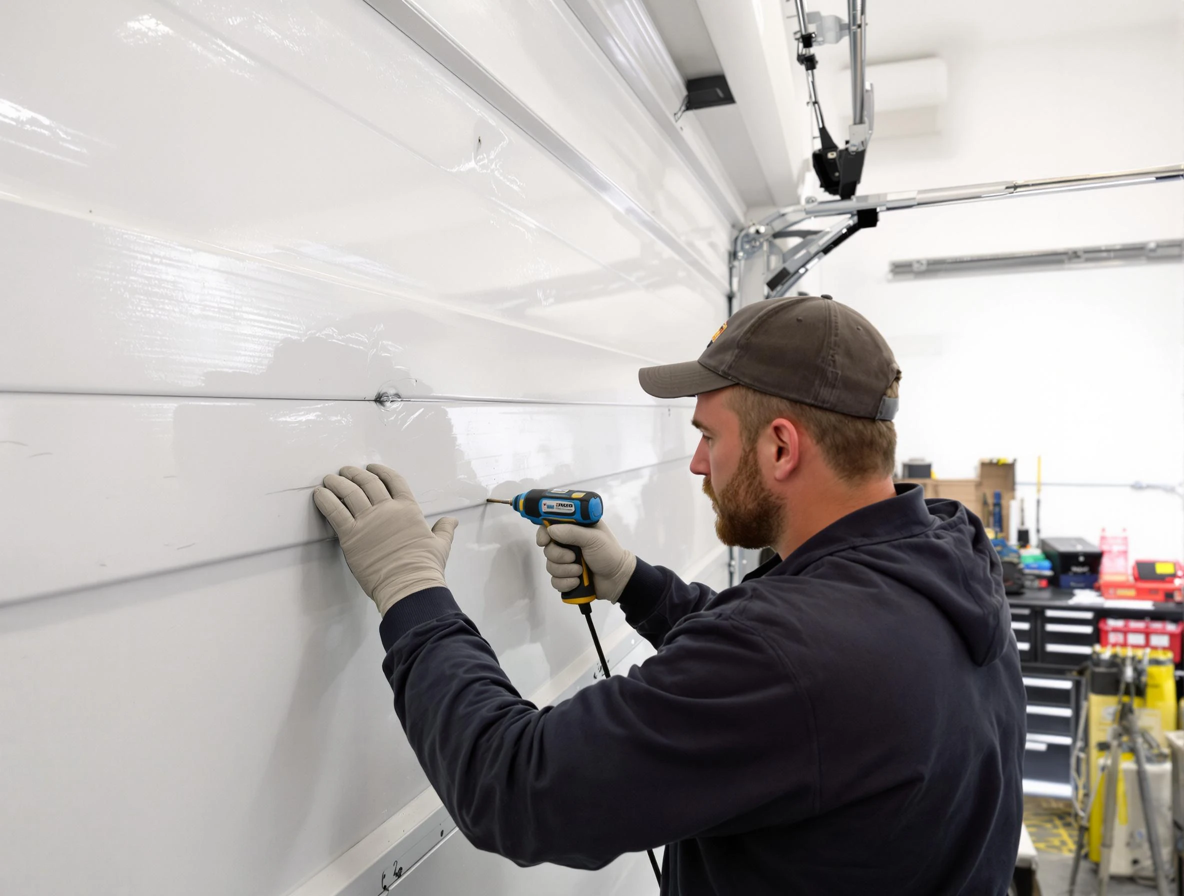Bosque Farms Garage Door Repair technician demonstrating precision dent removal techniques on a Bosque Farms garage door